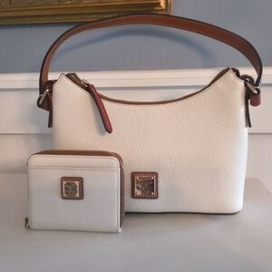 Dooney & Bourke White Pebble Leather Small Shoulder Bag with Tan Trim and Wallet